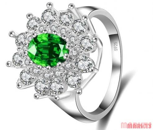 925 sterling zilveren ring met groene zirkoon van bloem